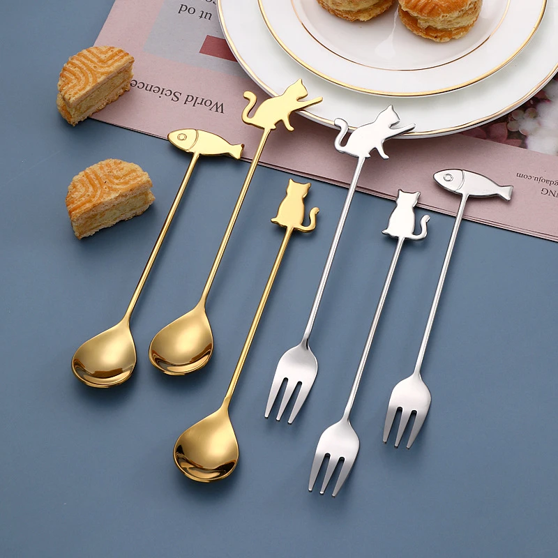 Creative Stainless Steel Coffee Stirring Spoon Cartoon Cat Fish Hanging Cup Teaspoon Fruit Dessert Fork Milk Ice Cream Tableware