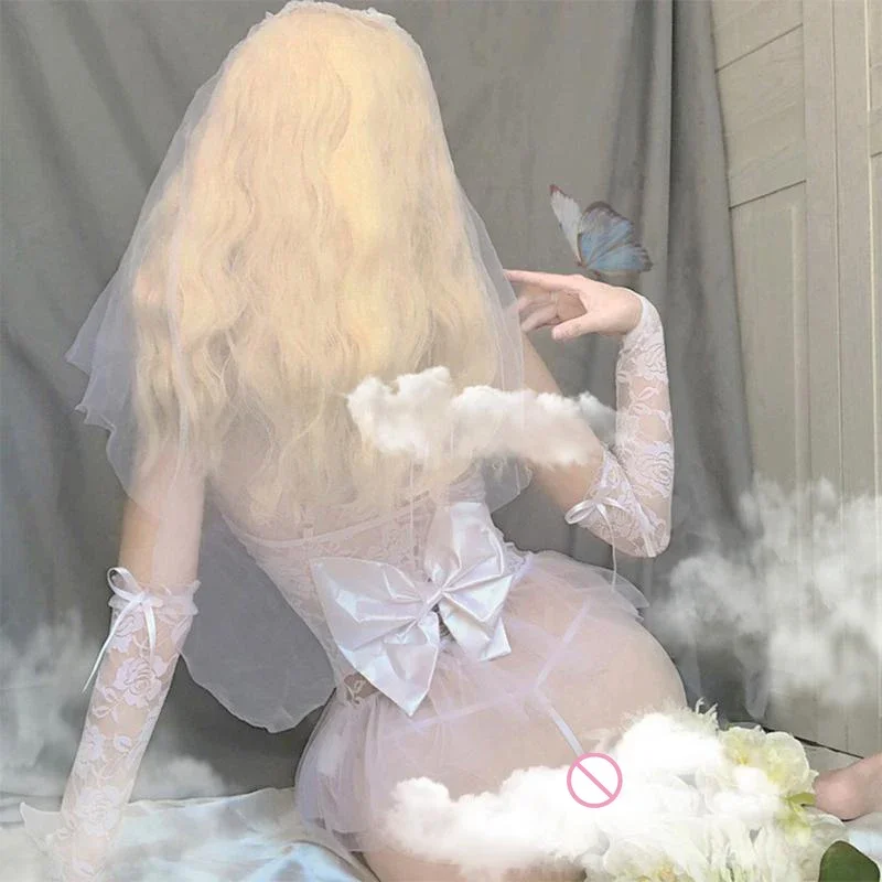 Paloli Women Bride Lingerie Transparent White Fairy Wedding Dress Cosplay Erotic Uniform Lace Mesh Sleepwear Porno Underwear NEW