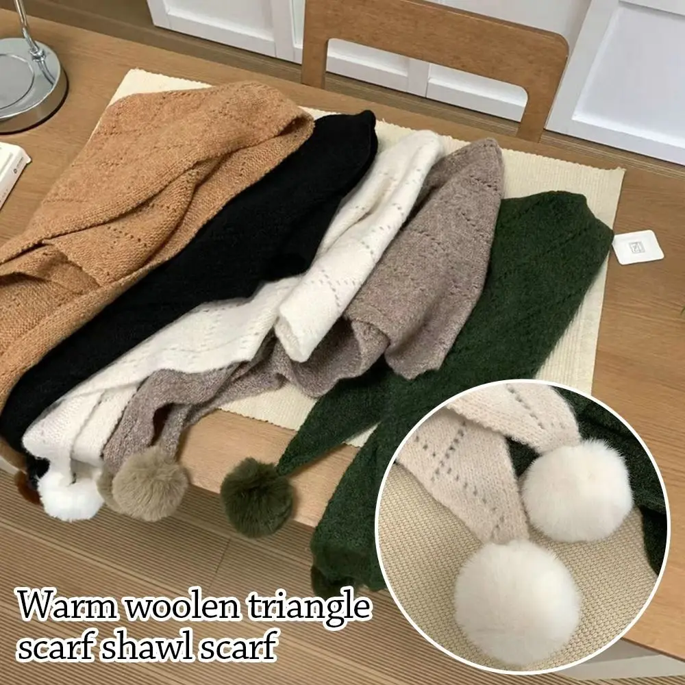 

Новый теплый шерстяной вязаный шарф, мягкий многофункциональный треугольный шарф, милый женский шарф с шариком волос, зимняя шаль