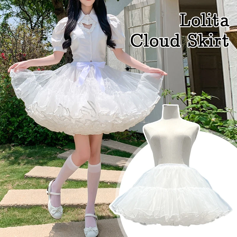 Gaun Lolita 4 Lapis Rok Petticoat Putih Hitam Mengembang Rok Lolita Tanpa Tulang Penyangga Lembut Aksesoris Gaun Kanopi Gadis Cosplay Jepang