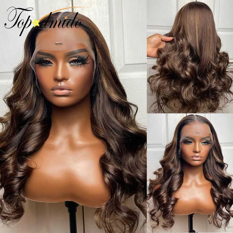 Topodmido Dark Brown 4x4 Human Hair Closure Wig 13x4 Lace Front Wig with Middle Part Body Wave 13x6 Brazilian Hair Wig