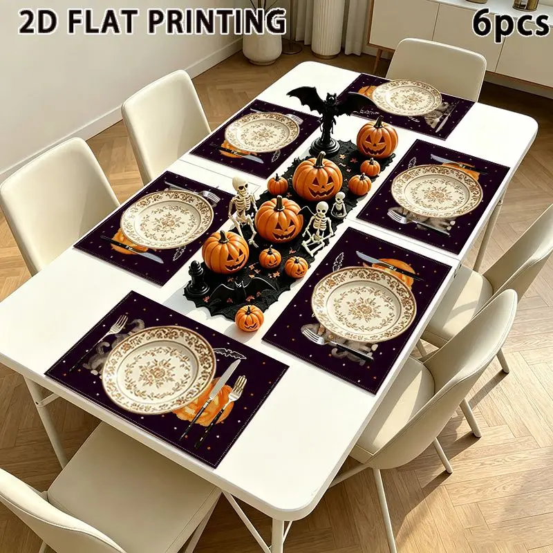 VIKAMA 2/4/6PCS Halloween Ghost Pumpkin Placemats, Washable Heat Resistant Table Mats, Aesthetic Kitchen Dining Decor