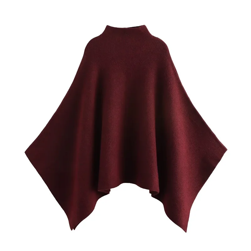 Women Wine Red Irregular Turtleneck Poncho 2025 Autumn Winter Knitted Bat Sleeve Soft Warm Loose Luxury Coat Cape