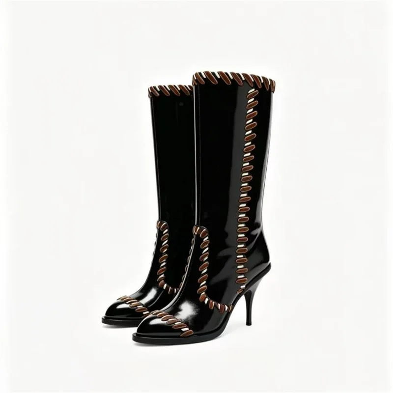 Ladies Pointed Toe Glossy Mid Calf Boots Black Leather Contrast Brown Stitching Stiletto High Heel Western Fashion Slip On Boots