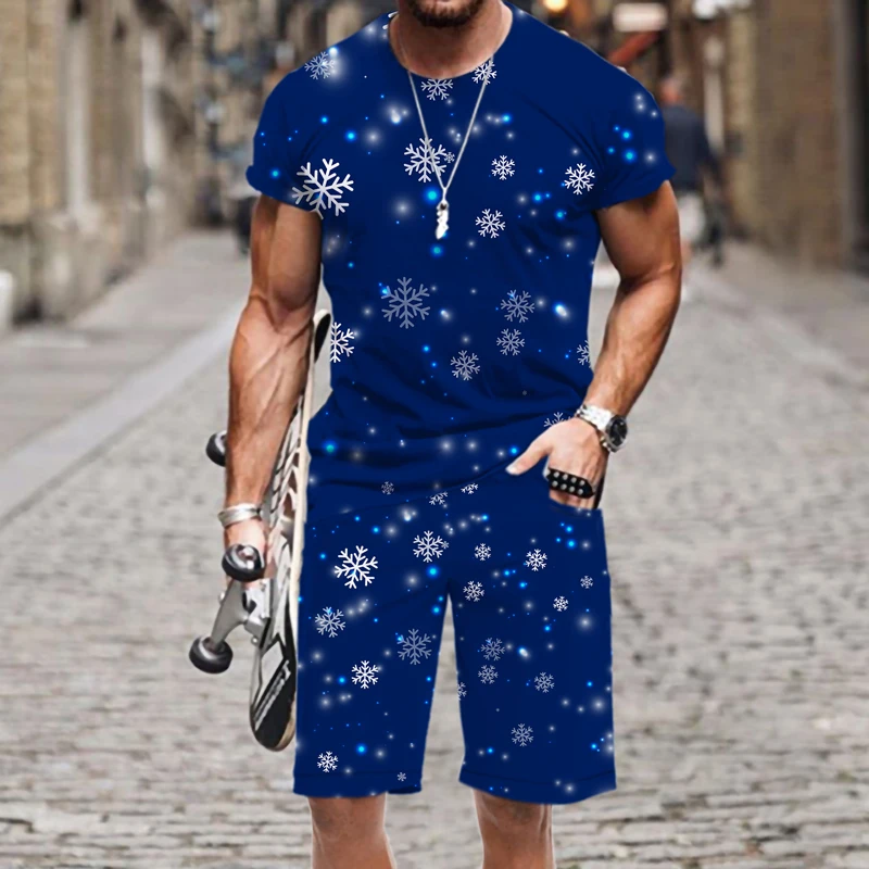 2022 New summer Winter snowflake pattern men's handsome T-shirt suit men and women casual two-piece 3D printing mens clothes