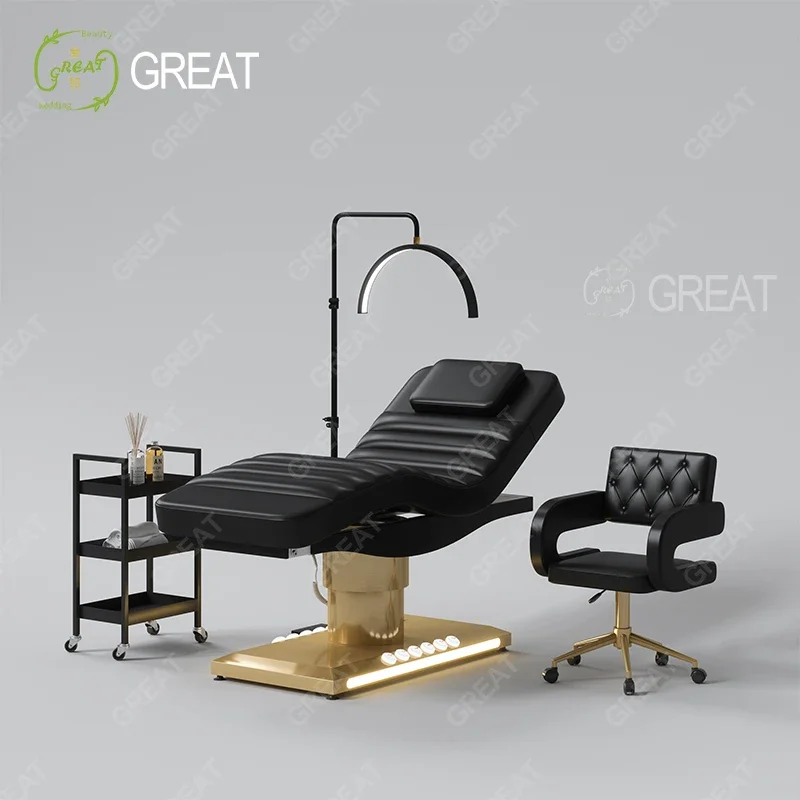 Modern beauty salon black leather gold base foot control massage table set 3 motor electric adjustable led cosmetic bed for sale