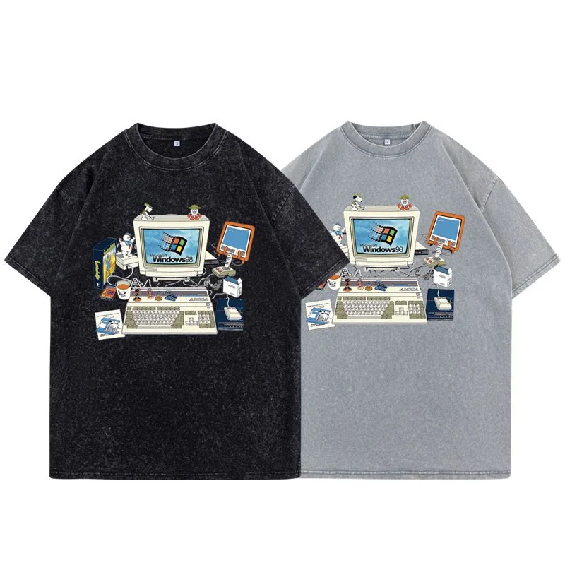Vintage Washed Aesthetic T‑shirt Retro Old Computer Graphic Print Oversized Loose Cotton Y2k Streetwear Short Sleeve Unisex Tee