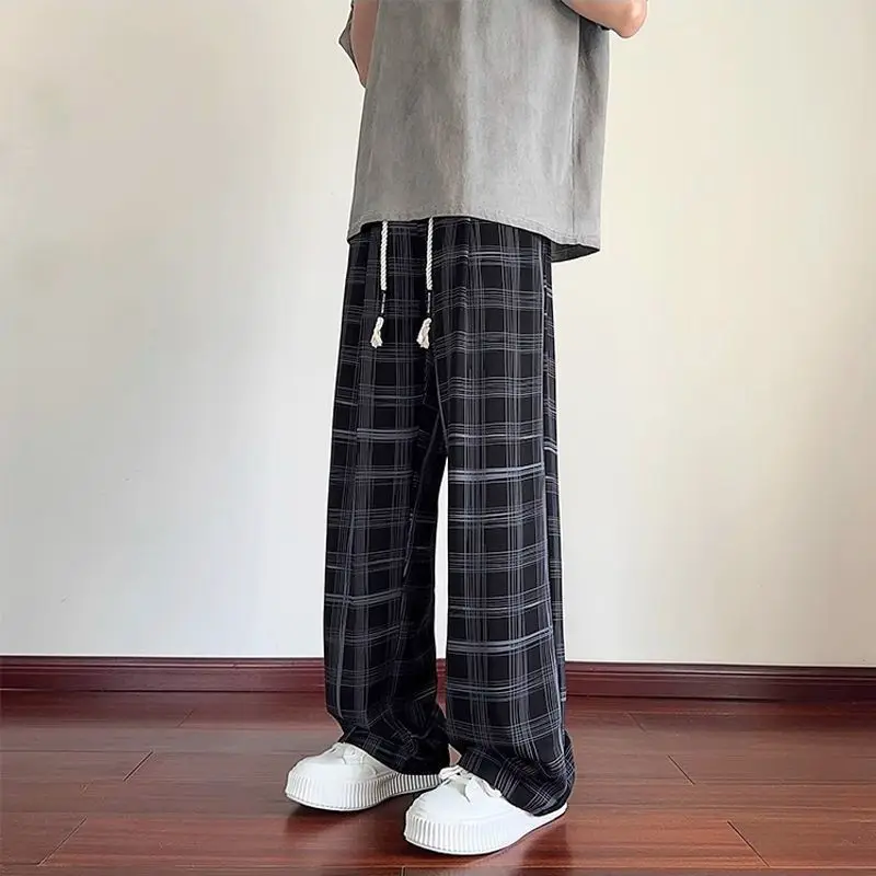 

Summer Ice Silk Plaid Thin Loose Casual Wide-leg Pants Man Aesthetic Sale Low Price Stylish Y2k Slacks New in Trousers for Men