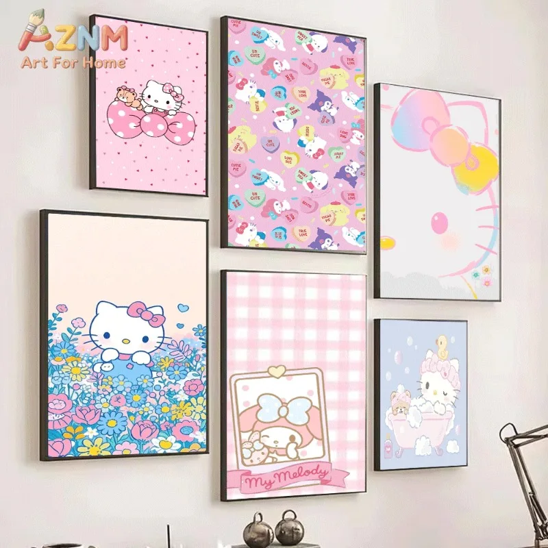 Sanrio Hello Kitty Canvas Wall Art Unframed Print Pink Polka Dot Bow Bear Cute Cartoon Poster for Bedroom Dorm Home Interior Wal