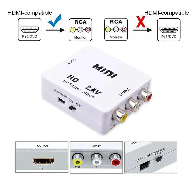 HDMI-compatible To RCA AV Converter Adapter MINI Box RCA AV CVSB LR Video Composite AV Scaler Converter For HDTV Projector PC