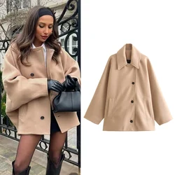 HXAO Loose Tweed Coat Women's Bomber Jacket Green Black Khaki Caot Button Up Oversize Long Sleeve Top Fashion Casual Outerwears