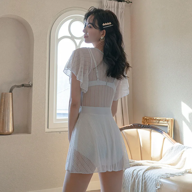 Seksowny strój kąpielowy jednoczęściowy z koronkowymi wykończeniami, wyściełanymi miseczkami, nowy, damski, eteryczny, w stylu INS, modelujący sylwetkę, wyszczuplający, z falbaną, idealny na plażę.