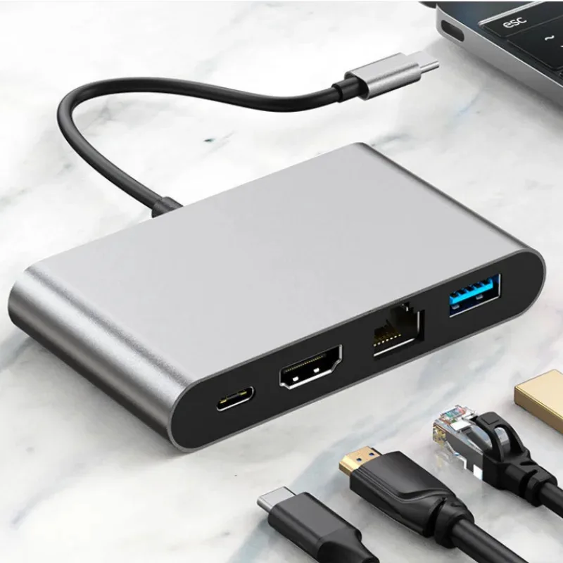 

Сетевая карта 4 в 1 USB Type-C к HDMI 4K+ RJ45 Gigabit Ethernet + кабель-адаптер концентратора Type-C PD OTG для MacBook USB-C Splitter