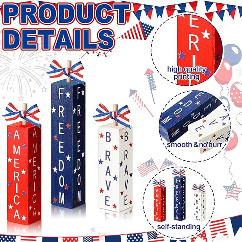 Independence Day Wooden Desk Ornament – Festive Party Atmosphere Pillar Block Memorial Craft