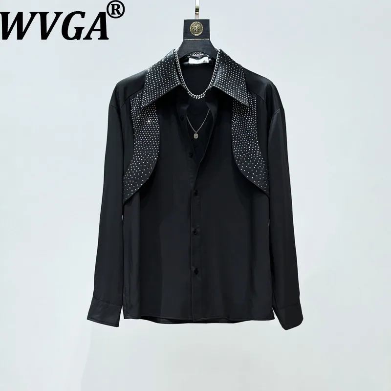 

WVGA Spring Autumn New Men Tide High-end Diamond Patchwork Strap Trendy Shirts Niche Stylish Casual Long Sleeved Tops Ins W16604