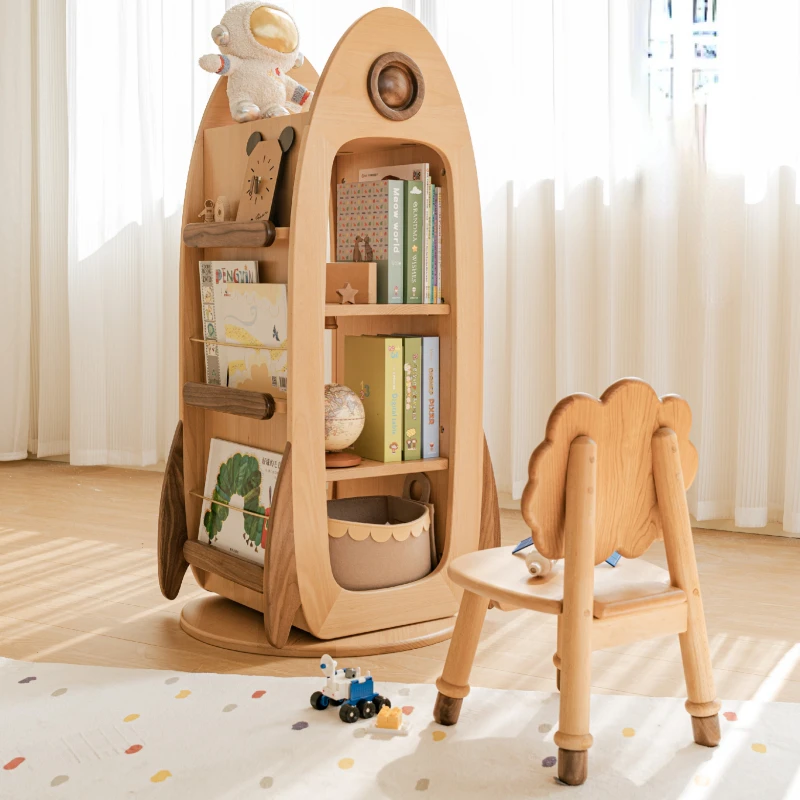 

Solid wood 360 degree rotating bookshelf multi-layer bookcase children's storage shelf