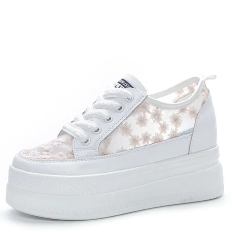 

Pop Summer Woman Platform Sneakers Wedge Shoes 2025 Female 8cm Height Increasing Ladies Lace Breathable Casual Shoes Canvas Shoe