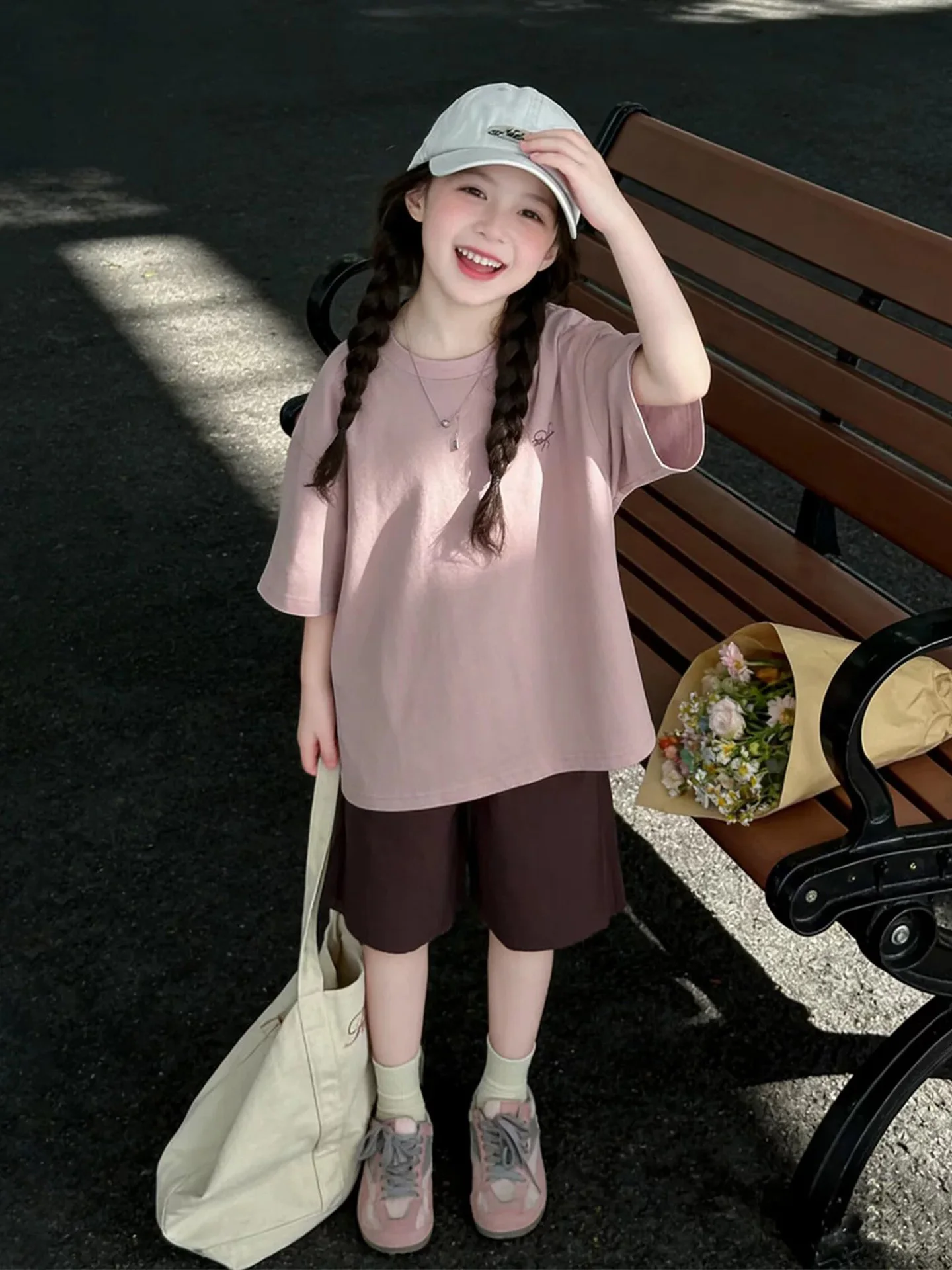 女の子夏服-薄手半袖tシャツ＆ショートパンツセット-子供服-韓国風カジュアルツーピースセット-キッズ用