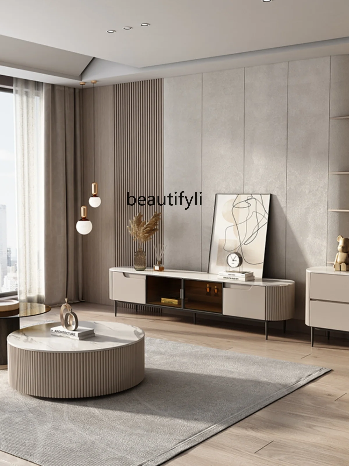 Modern Simple Coffee Table TV Cabinet Unit Italian Minimalist Stone Plate Size Circle and Creative