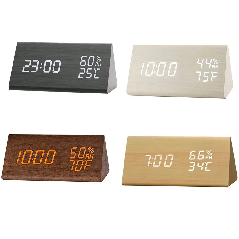 Humidity And Temperature Alarm Clock Triangle Digital Baby Room Wood Clock Mute Luminous Led Electronic Gift