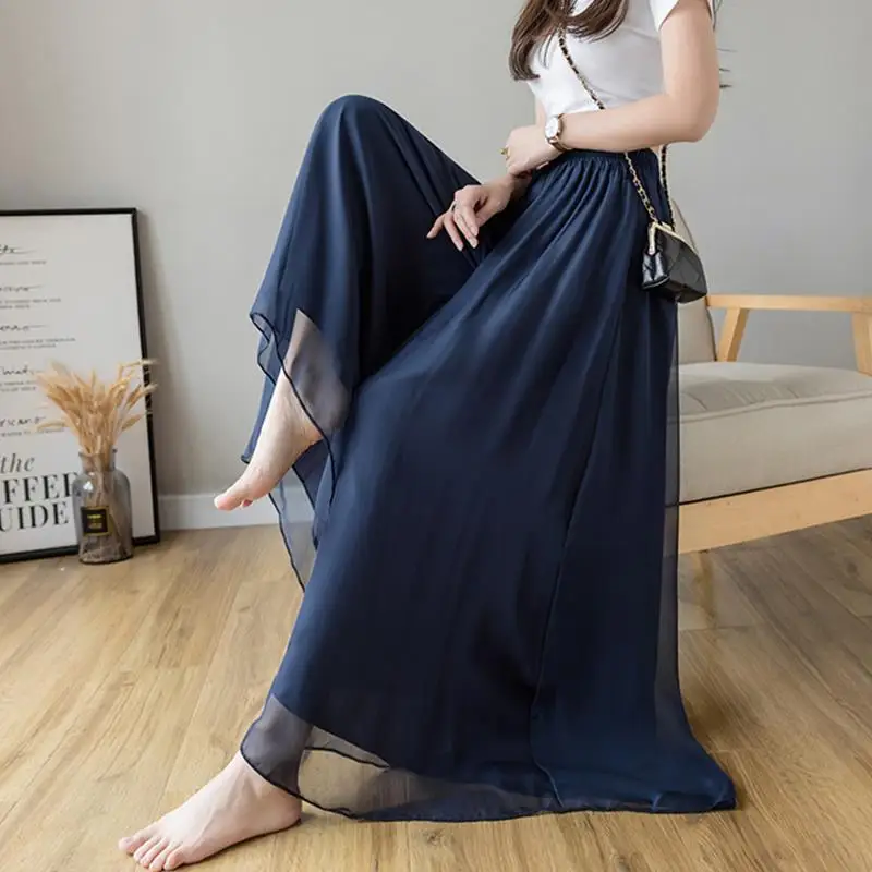 

Chiffon Wide-leg Pants for Women 2024 Summer New Temperament Large Size Mercerized Chiffon Lined Wide-leg Skirt Pants