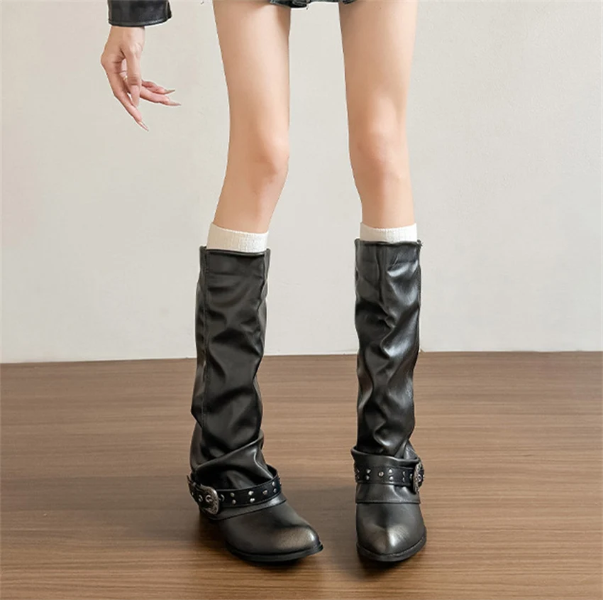 Punk-Style Belt Buckle Mid-Calf Boots for Women Square Heel Motorcycle Boots Pu Leather Pleated Boots Street Retro Riding Boots