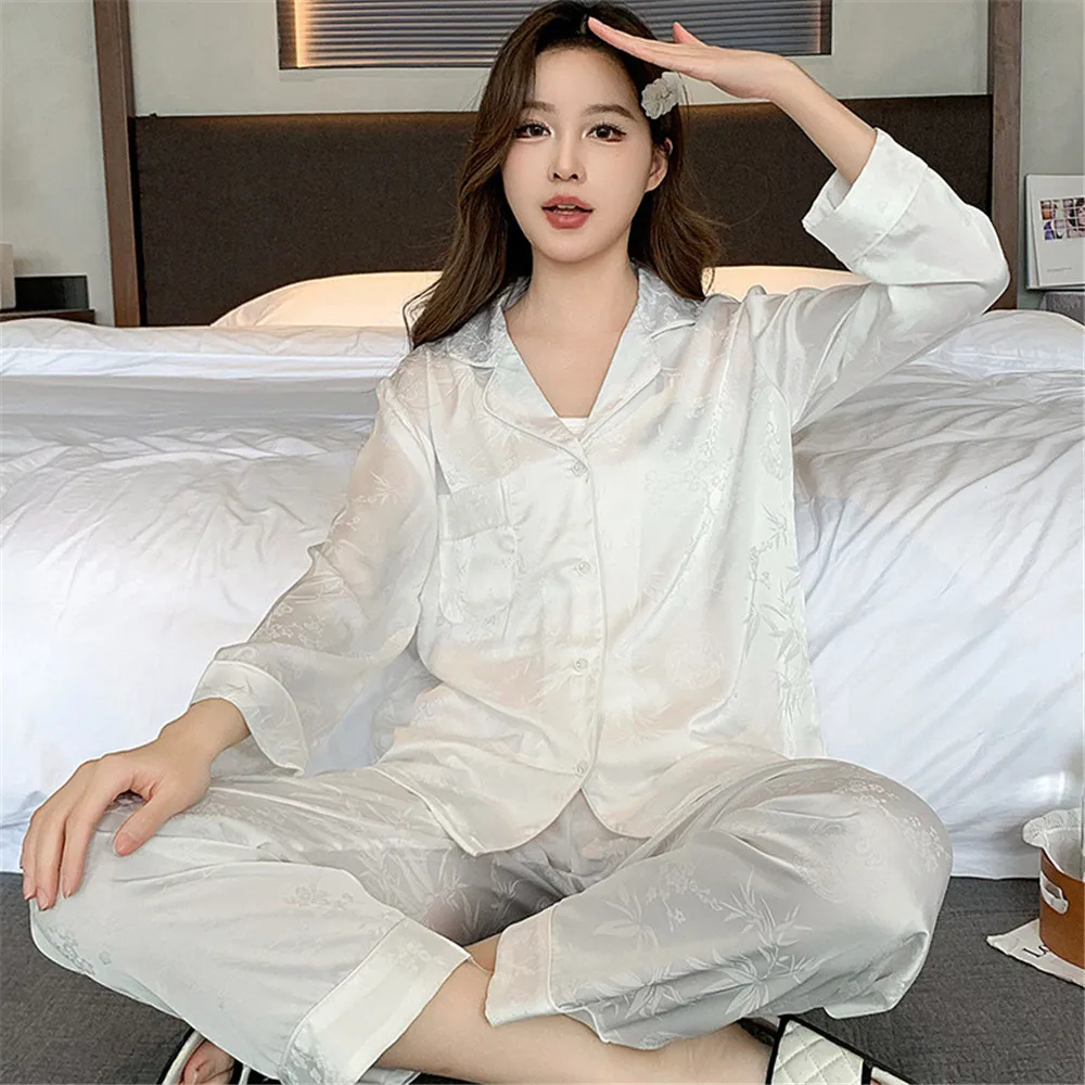 

White Pajamas Set Autumn Jacquard Satin Sleepwear Shirt Trouser Suit Sexy Female Loungewear Nightwear Loose Home Wear