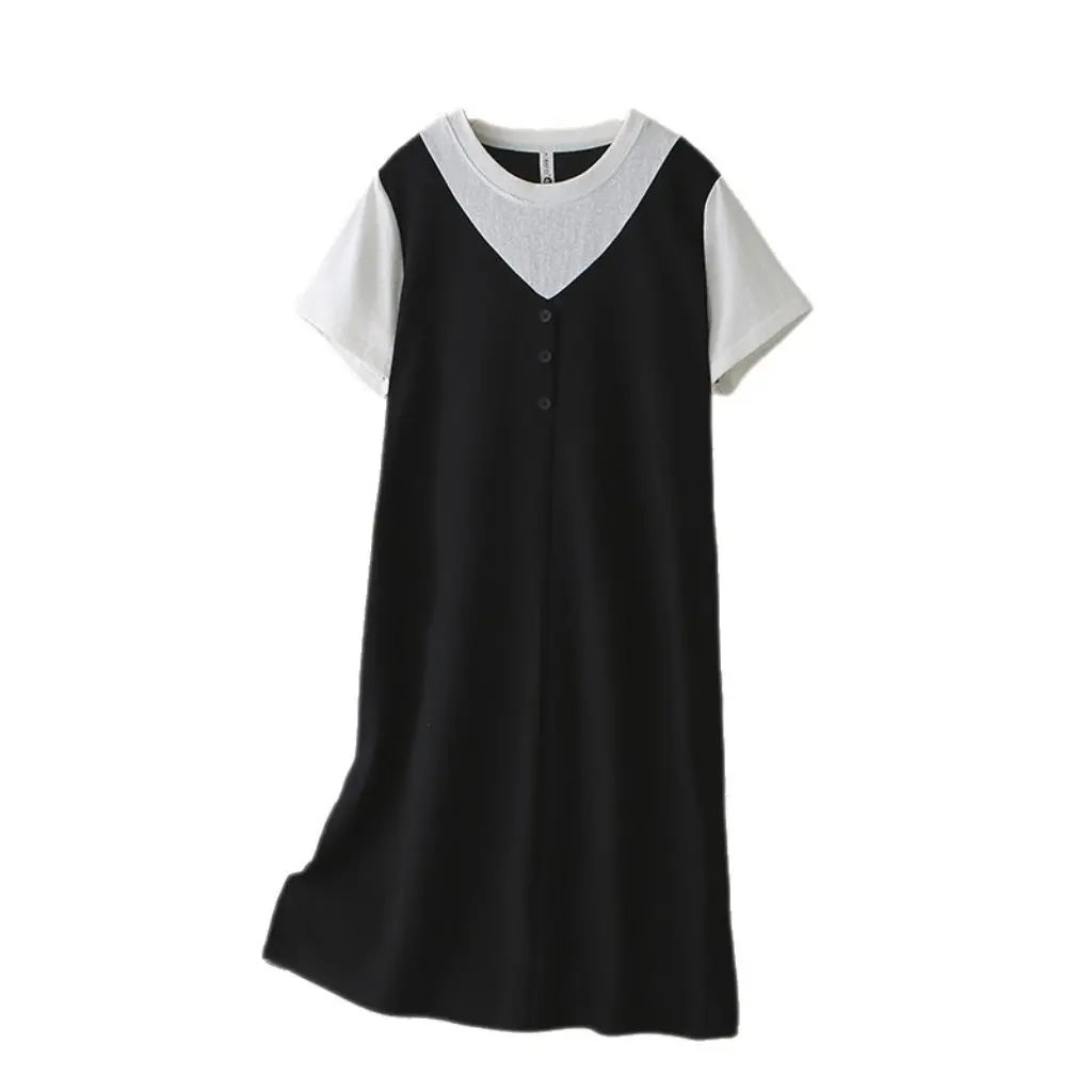 

Summer plus Size Black And White Contrasting Color Short-Sleeved Dress Mid-Length Skirt with Side Slit 2-Piece T-Shirt Skirt Set