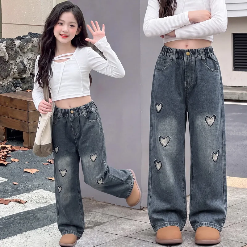 Wide Leg Jeans with Ripped Hearts for Girls Spring Autumn Child Loose Vintage Straight Denim Pants Fashion Teenage Kids Trousers