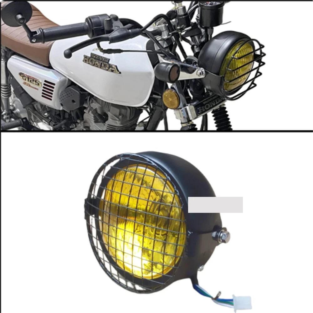 

For Honda/Haojue/Suzuki GN125 CG125 motorcycle headlight modification retro metal with mesh cover round light 5.7-inch headlight
