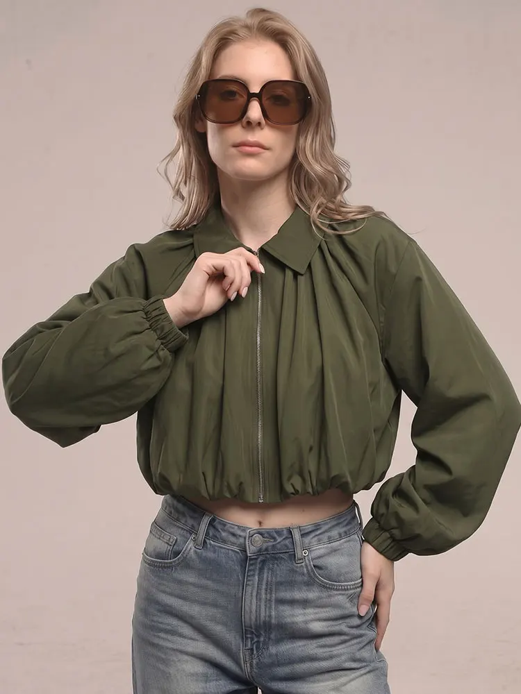 HH Trendige Damenjacke mit Puffärmeln und Revers, Elegante Freizeitjacke für Wochenendpartys, Frühling, Urlaub, Lässige Cropped-Jacke in Unifarben