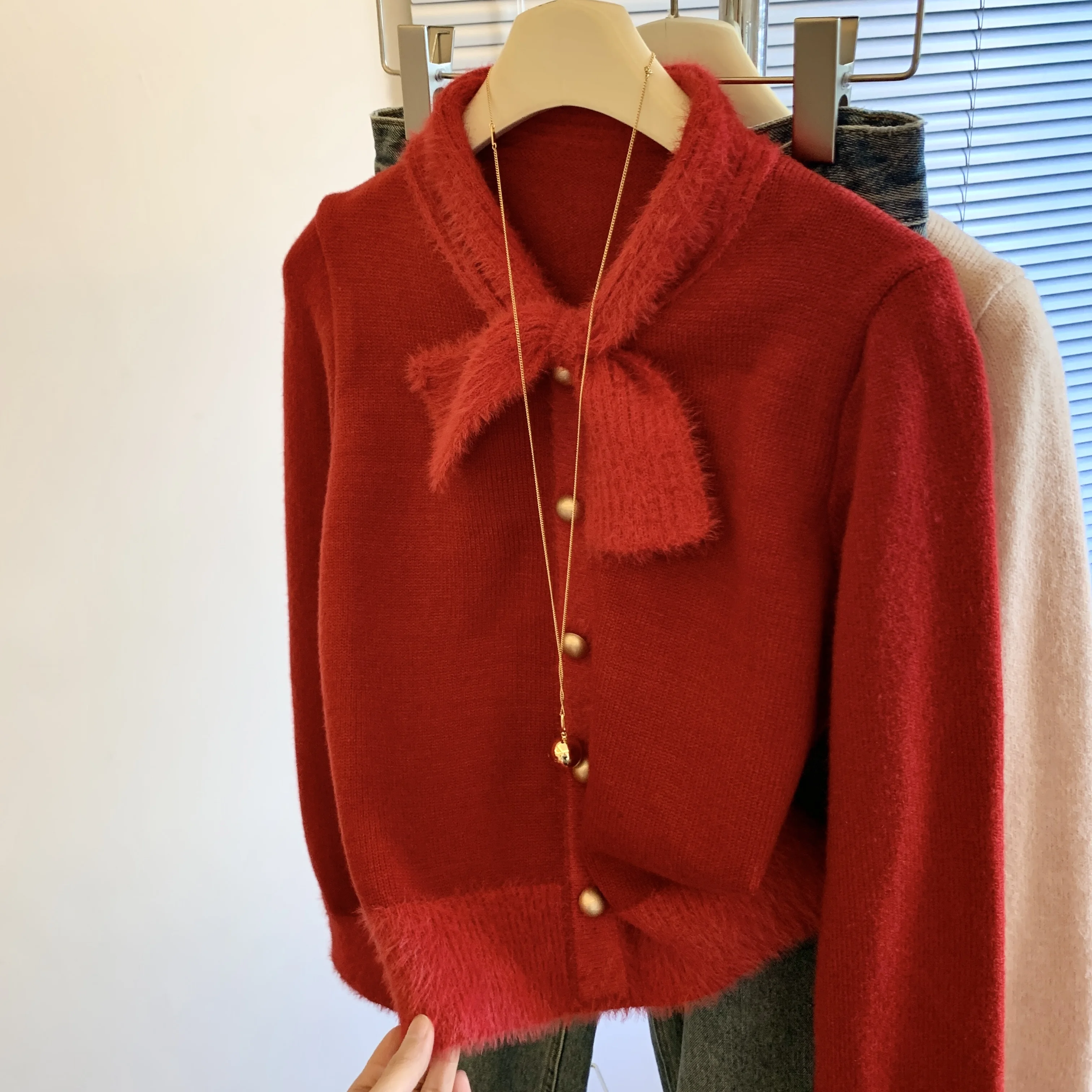 

Women's Red Pink V-neck Long sleeved Winter Sweater Y2K Fashion Elegant Aesthetics 2000S Style Vintage Warm Top Sweater Clothing