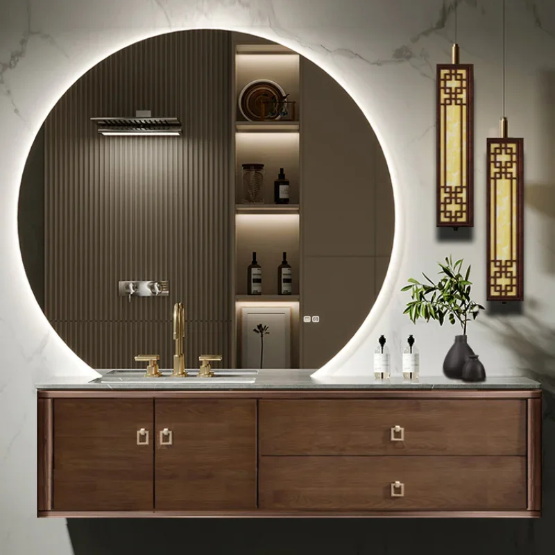 

Bathroom Cabinet Solid Wood Face Wash Basin Cabinet Combination Slate Double Basin Bathroom Bathroom Wash Desk Oak