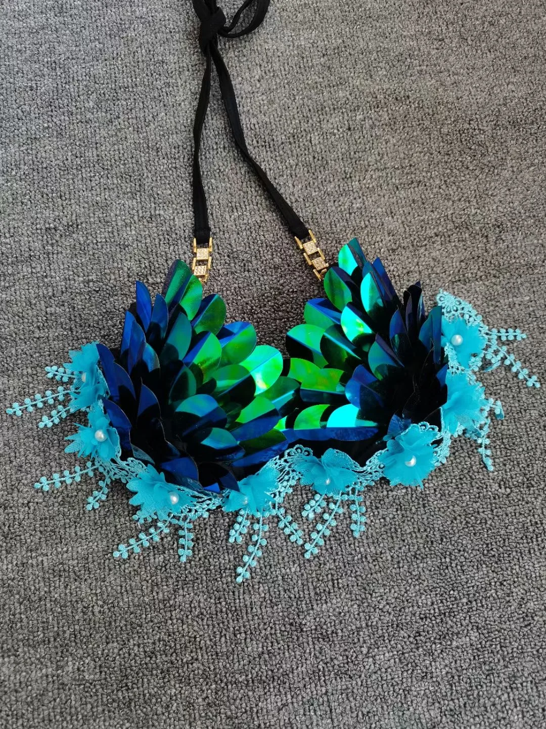 Handmade Mermaid Sequin Bikini Tassel Hot Gold Corset For Free Diving Performance Oceanarium Electro Festival Bra Bar Cosyun