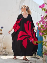 Big Flower 2024 New Beach Wear for Womens Summer Long Robe Black Print Kaftan Outfits Sundress Kimono Cover Up Young Lady Dress