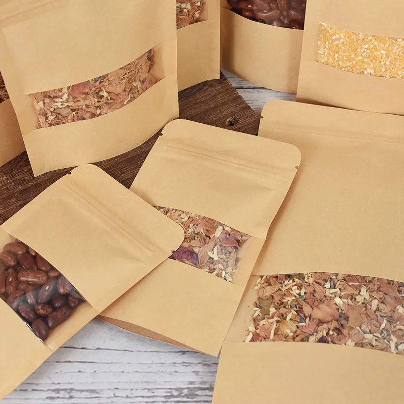 10pcs Kraft Paper Bags Zip Lock Brown With Window Stand Up Resealable Pouches Empty Dried Food Fruit Tea Gift Self Sealing Bags