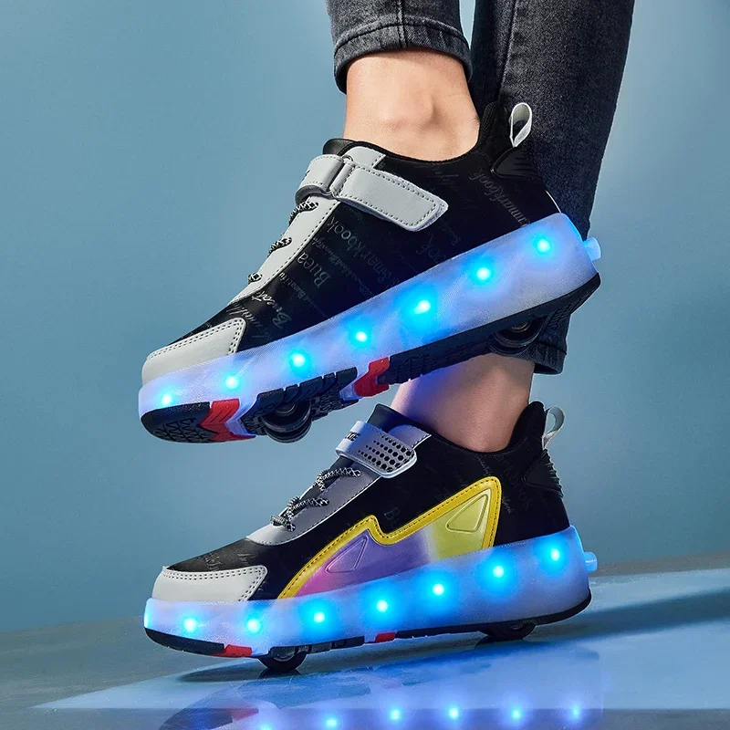 

Sneakers With Wheels Roller Skates Shoes Boys Girls Children Kids Sports Casual Fashion 4 Rollers Led Lighted Luminous Boots