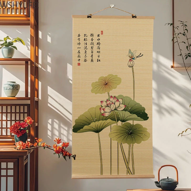 25CMX50CM Lotus New Chinese Printing Zen Bamboo Curtain Decoration Painting/Living Room Corridor Roller Shutter/room Partition