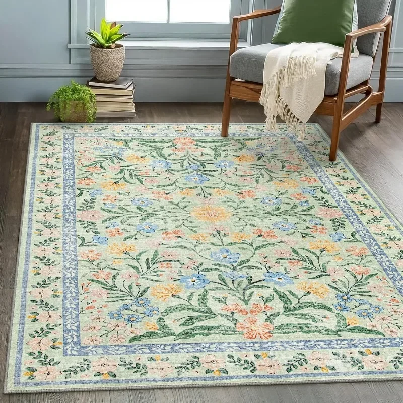 Carpet for Living Room Green Floral Pattern Non-slip Coffee Table Rug Machine Washable Folding Bedside Bedroom Mat Alfombra 러그