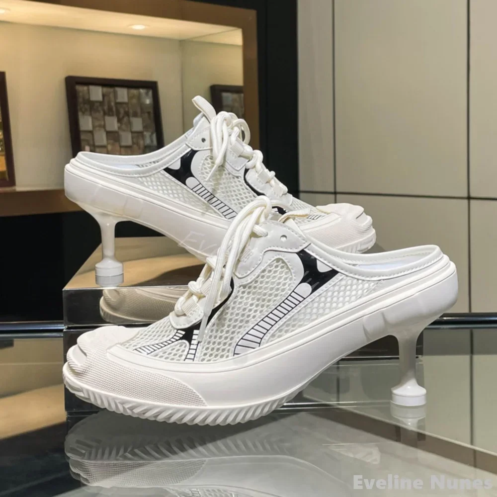 Air Mesh Lace Up Thin Heels Sneakers Women Mixed Color Patchwork Round Toe Slip On Casual Sneakers New Fashion Catwalk Slippers