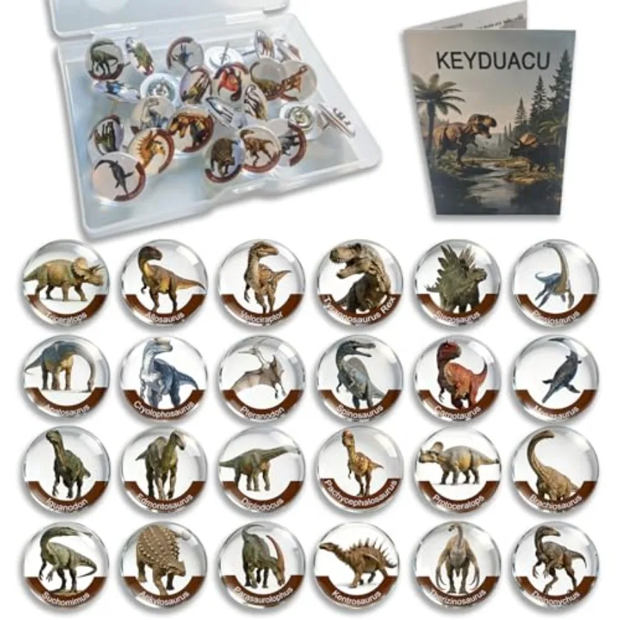 

Dinosaur Decorative Push Pins, 24 Unique Dinosaur Designs 18mm,Thumb Tacks for Bulletin Board, Photos Wall, Maps, Cute Desk Acc
