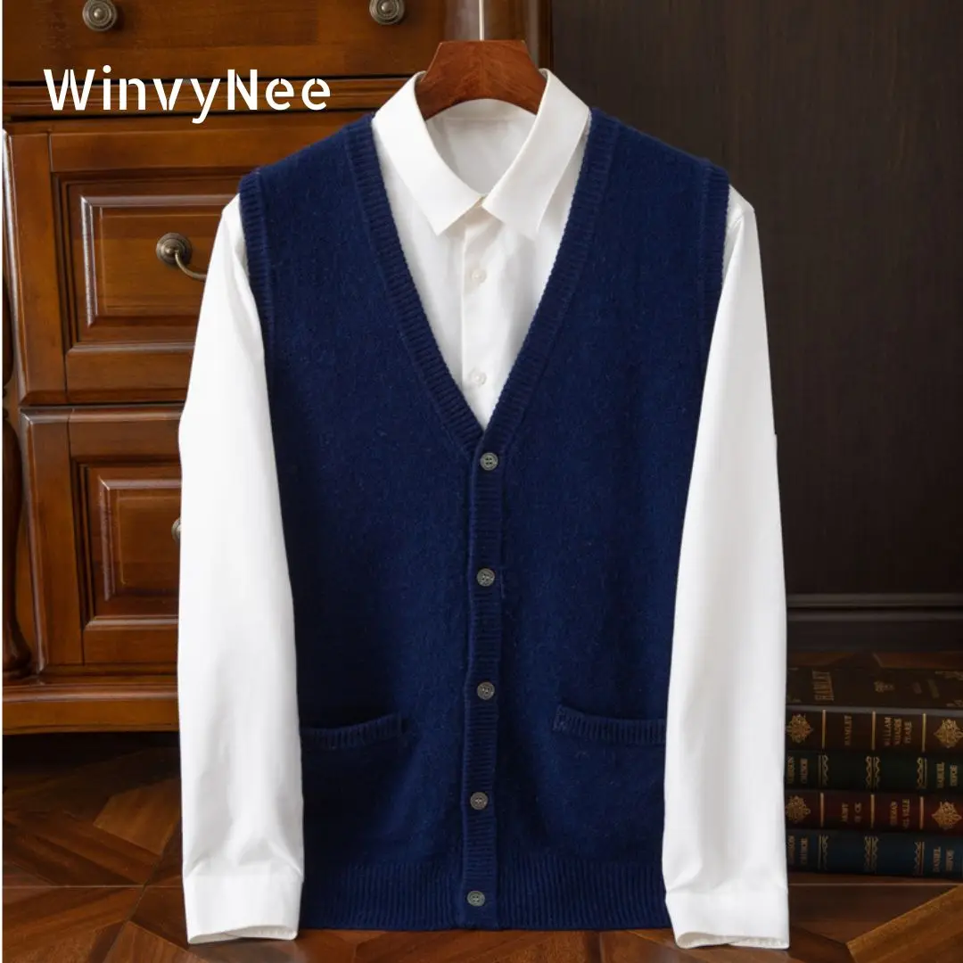 

WinvyNee Warm Wool Sweaters Vest Man's Clothing V-Neck Solid Single Breasted Casual Pockets Tops Knitwear Autumn Winter O1103031