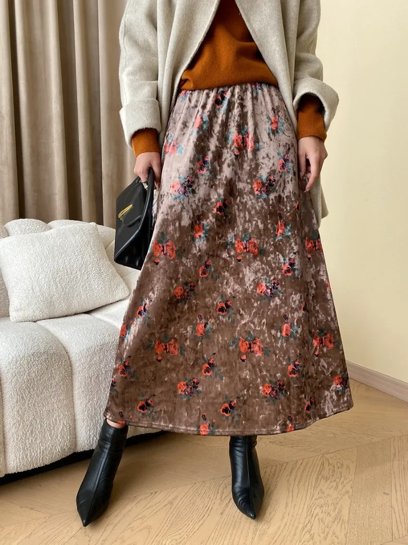 Vintage Floral Printed Velvet Skirts Women High Wasit A-line Slim Drape Midi Skirt 2024 Autumn Winter Korean Chic Elegant Faldas