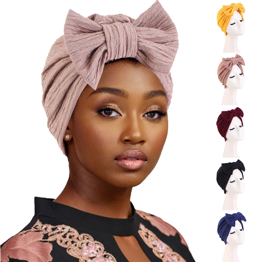 

New Indian Turban Bow Knot Hat Women Muslim Hijab African Headties Beanies Bonnet Hair Loss Head Cover Chemo Cap Headscarf Wraps