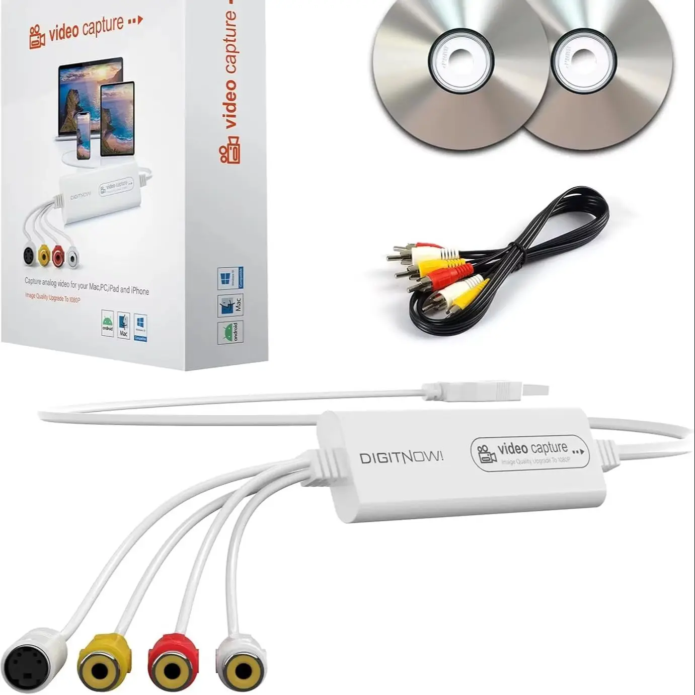 VHS TO Digital Converter, USB Video Capture Card, Video Capture Device, RCA TO USB Converter,Convert VHS VCR Hi8 Mini DV to Digital/DVD,For Tape Player Camcorder Camera PC TV,Windows Mac OS Compatible
