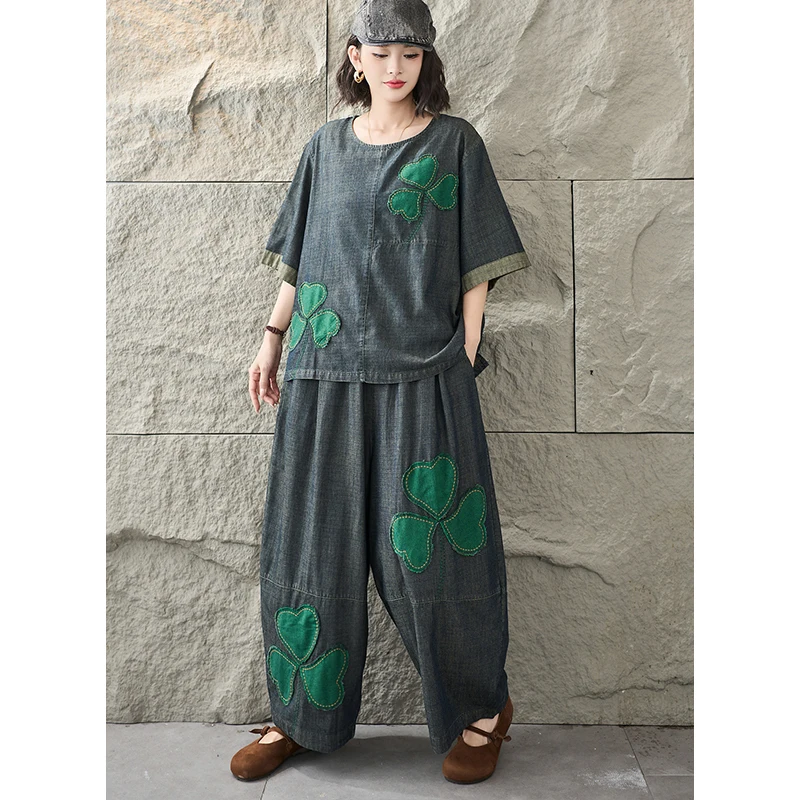 Masss Wasss 2026 Womens Japanese Patchwork Denim Two Piece Sets Classic Casual Tops Vintage Floral Trousers Summer Luxury Outfit