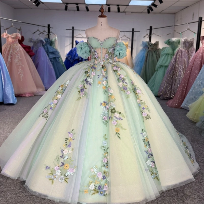

Green Shiny Quinceanera Dresses Off The Shoulder Applique Lace Beading Tull Party Birthday Sweet 16 Dress Vestidos 15 De Anos