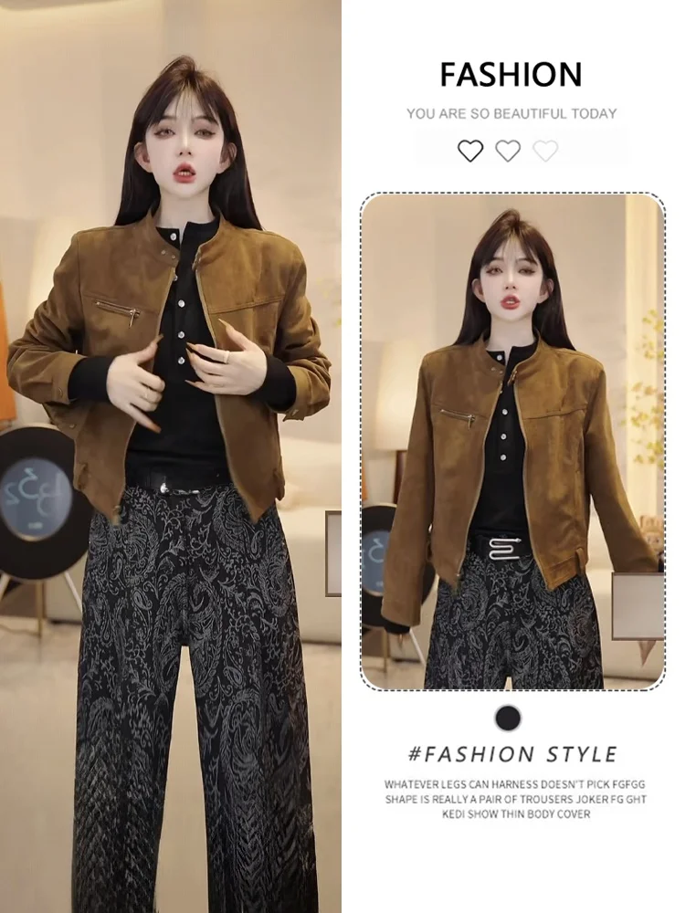 

Retro Brown Biker Jaet Women's ort Sle Spring Autumn New Faion Small Size Outerwear Comfortable Loose Fit Zipper Closure