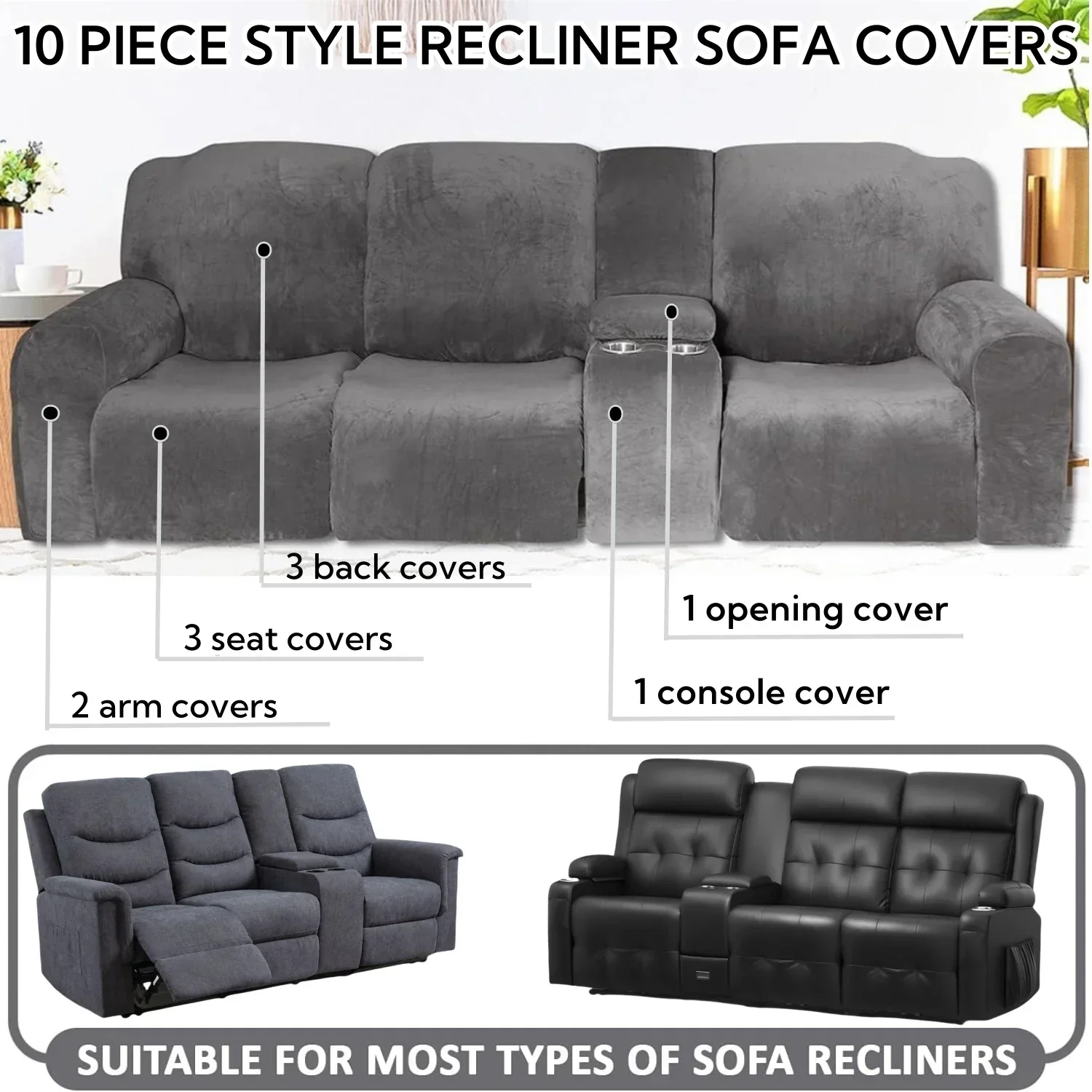 Premium Velvet 3 seater Recliner Sofa Cover with Middle Console Slipcover 10-Piece Thick Velvet Stretch Sofa Covers Washable