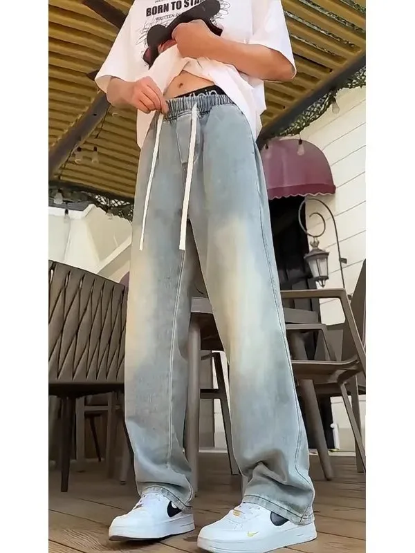 

Американские джинсы в стиле ретро, мужские летние тонкие прямые брюки, повседневные широкие брюки, свободные повседневные брюки для отдыха